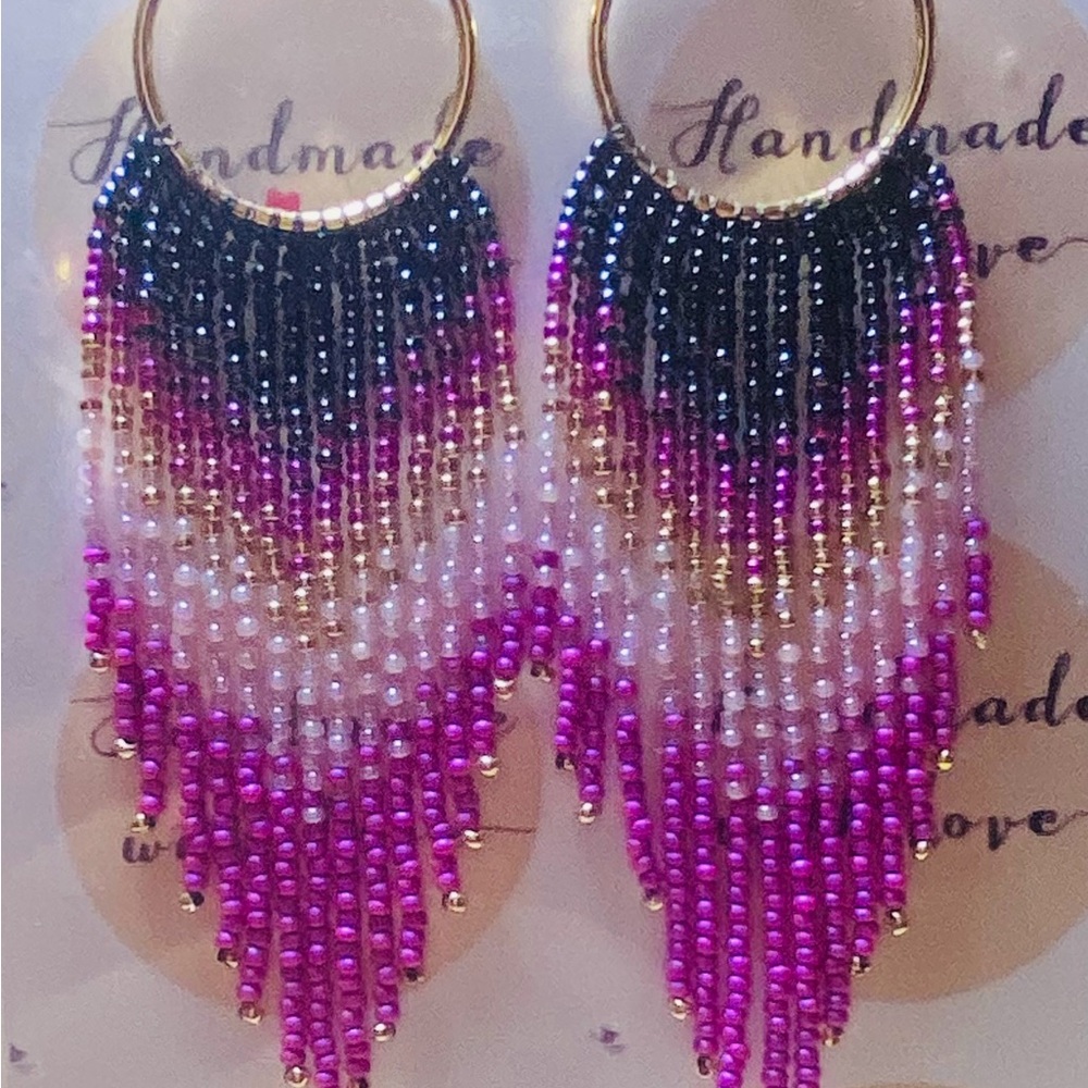 Black and Purple Beaded Earrings with Cascading Fringe Design
